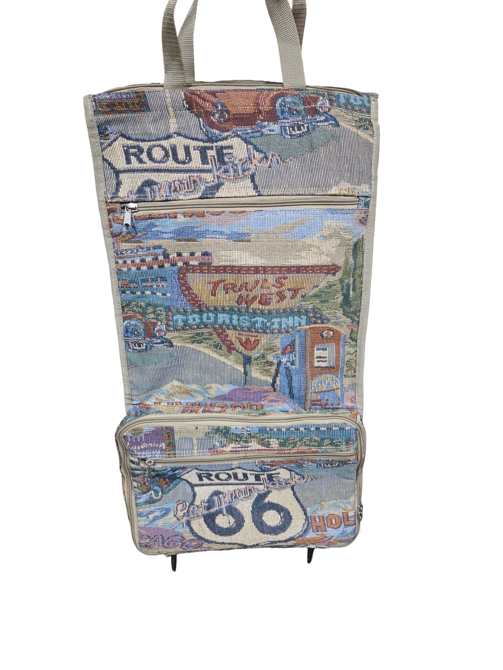 Travel-Inspired Route 66 Tapestry Rolling Organizer Bag - Beige Multi
